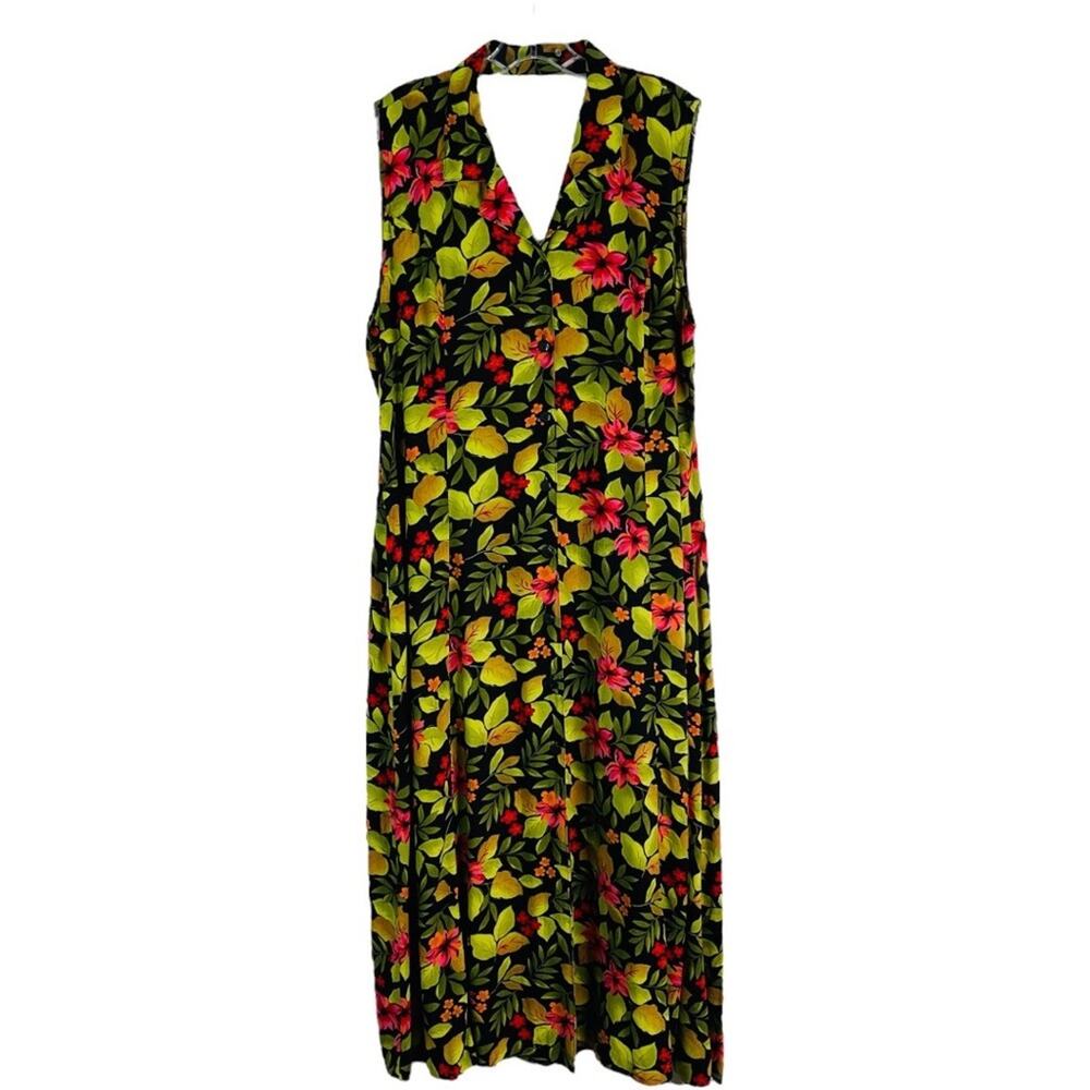 Vintage black green pink floral tropical Hawaiian sun maxi dress XL